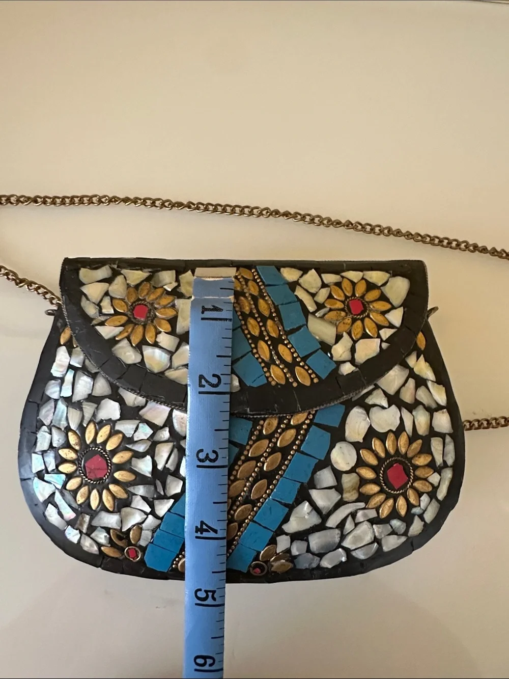 Handcrafted Moroccan Mosaic Flower Evening Boho Crossbody Bag in Blue and White